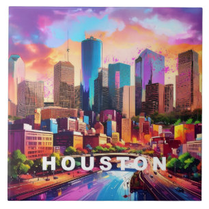 Abstract Houston Skyline Art Modern Cityscape Ceramic Tile