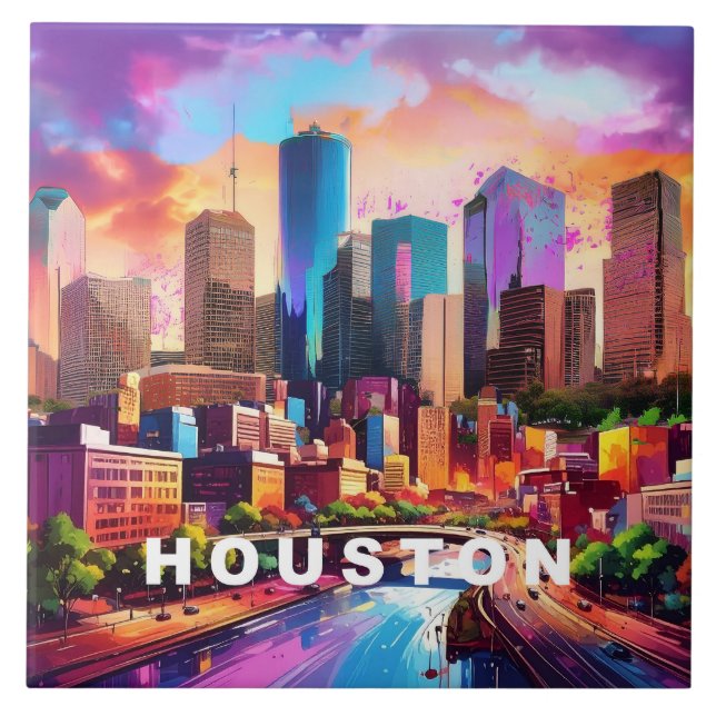 Abstract Houston Skyline Art Modern Cityscape  Ceramic Tile (Front)