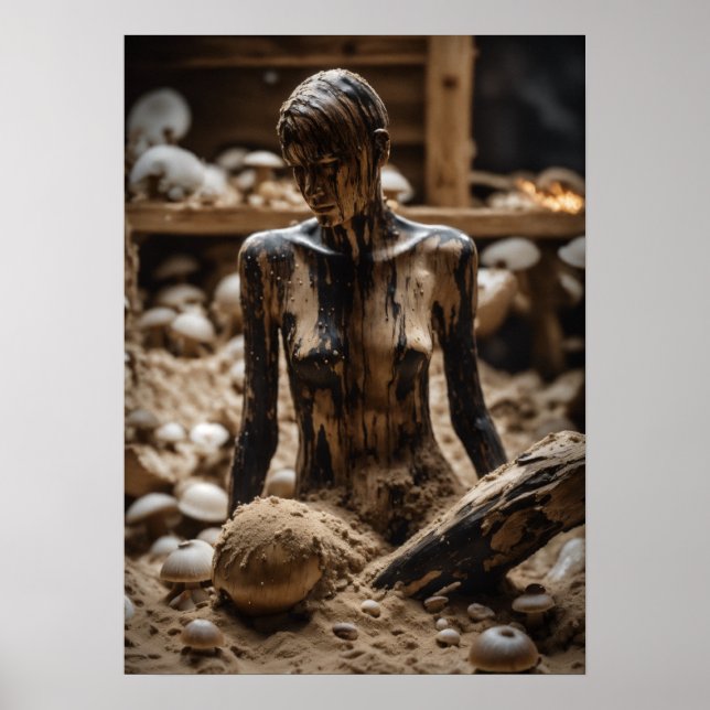 Abstract Human in Rotten Wood Lodge with Mushrooms Poster (Front)