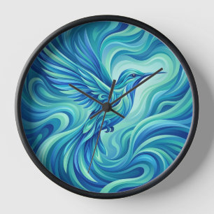 Abstract Hummingbird Ocean Blue Art Clocks