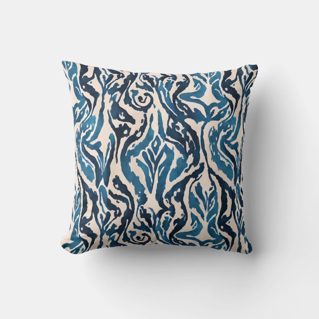 Abstract Ikat Watercolor Inspired Blue Cushion (Front)