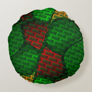 Abstract image montage? Brick, red, green, yellow Round Cushion