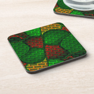 Abstract image montage with brick red and green coaster