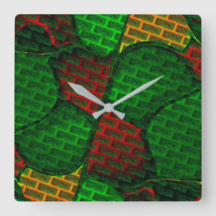 Abstract image montage with red, green, yellow square wall clock