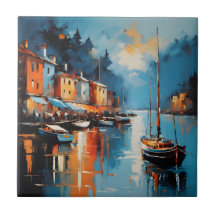 Abstract impressionistic harbour at sunset