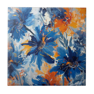 Abstract in Blue and Orange floral Ceramic Tile