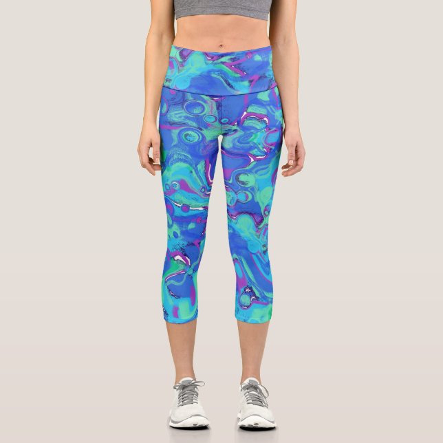 Abstract In Blues, Greens, & Purples Capri Leggings (Front)