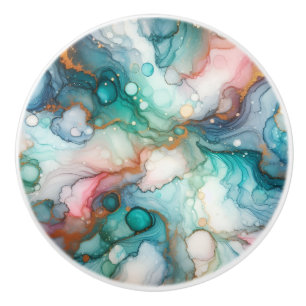 Abstract in Pink, Teal, Blue, and Gold Ceramic Knob