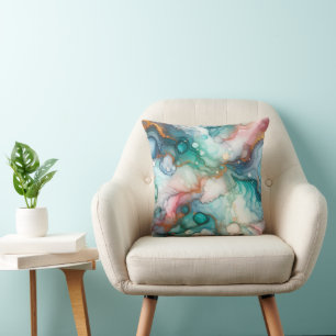 Abstract in Pink, Teal, Blue, and Gold Cushion