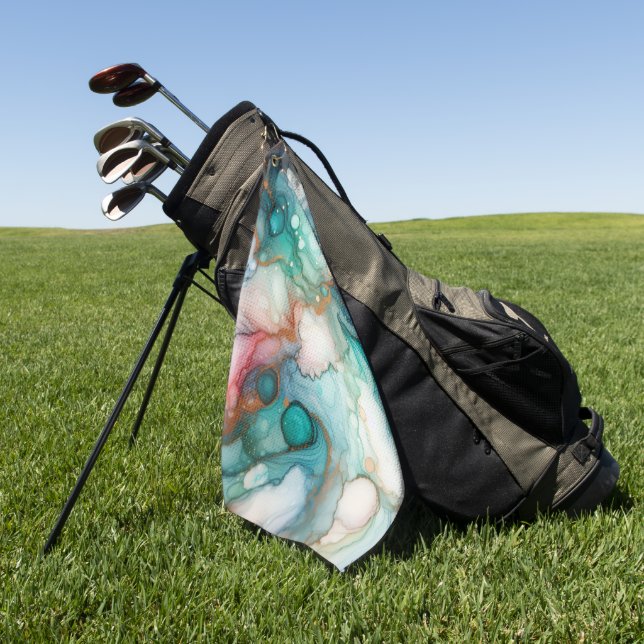 Abstract in Pink, Teal, Blue, and Gold Golf Towel (Green)