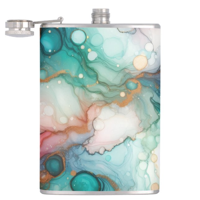 Abstract in Pink, Teal, Blue, and Gold Hip Flask (Opened)