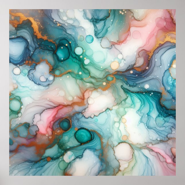 Abstract in Pink, Teal, Blue, and Gold Poster (Front)