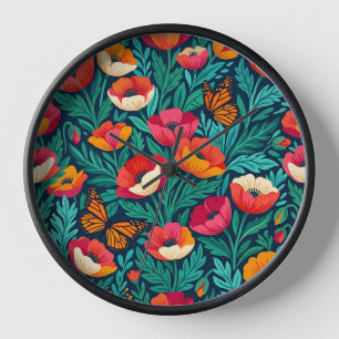 Abstract Indian Floral Poppies Monarch Art Clocks