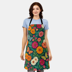 Abstract Indian Floral Zinnias Butterflies Apron