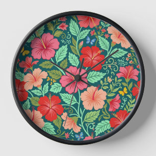 Abstract Indian Hibiscus Butterflies Art Clocks