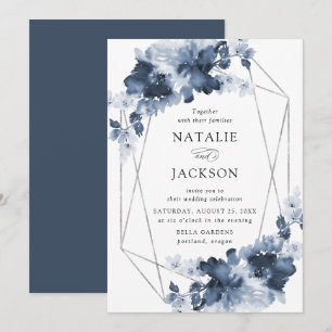 Abstract Indigo Floral   Geometric Frame Wedding Invitation