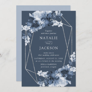 Abstract Indigo Floral Geometric Frame Wedding Invitation