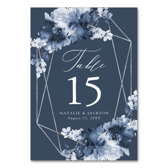 Abstract Indigo Floral | Personalised Wedding Table Number (Front)