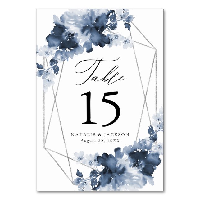 Abstract Indigo Floral | Personalised Wedding Table Number (Front)