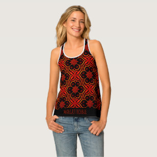 Abstract Indonesian batik Red Floral Pattern Singlet