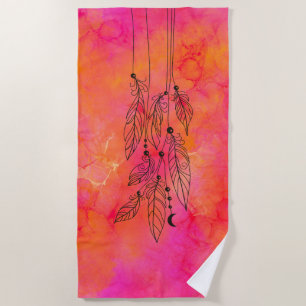 Abstract Ink Art Pink Orange Bohemian Feathers Beach Towel