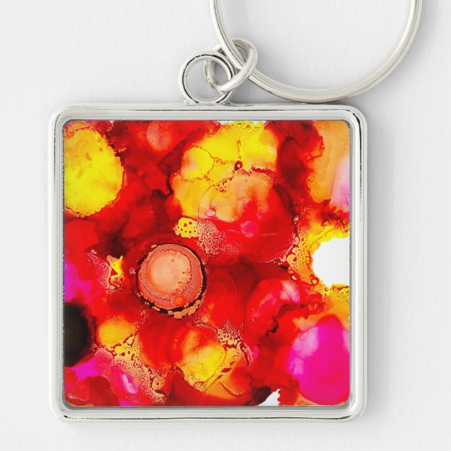 Abstract ink art yellow red and pink key ring (Front)