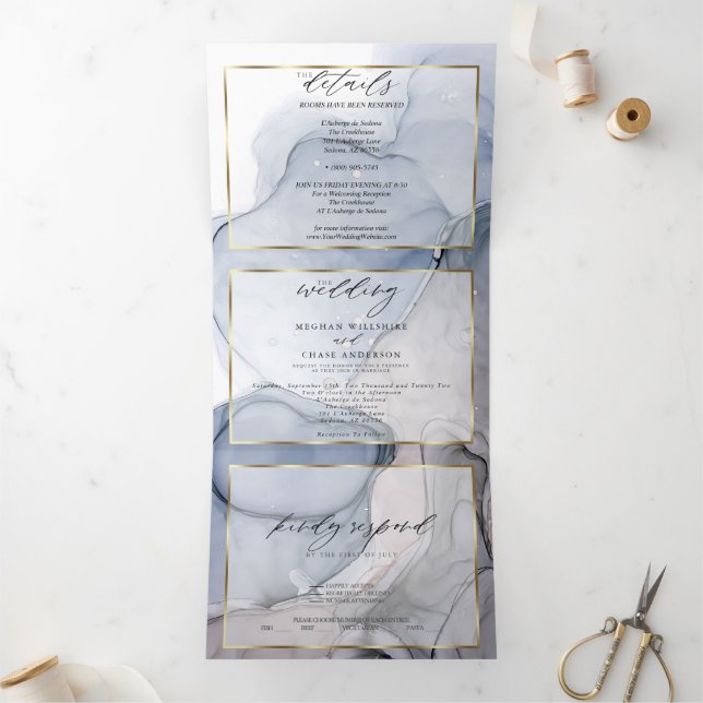 Abstract Ink Dusty Blue Mauve Plum Tri-Fold Invita Invitation (Inside)