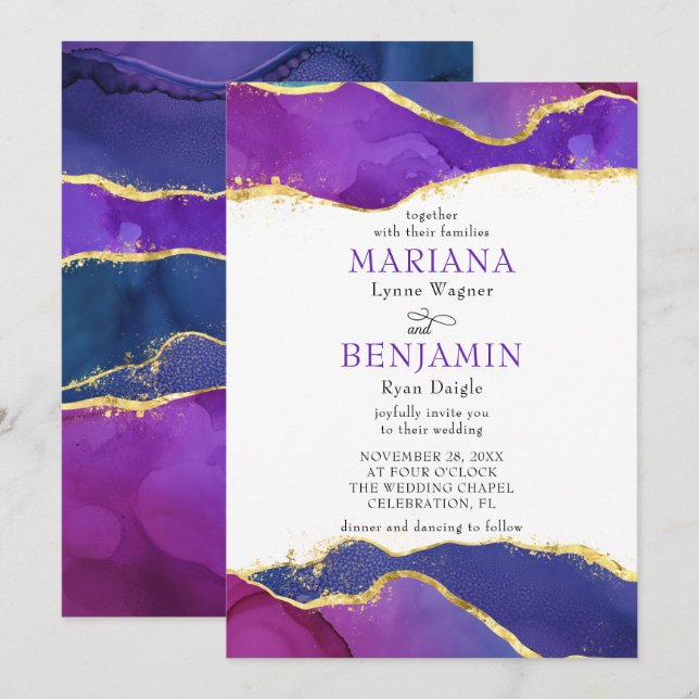 Abstract Ink Fuchsia Pink Purple Gold   Invitation (Front/Back)