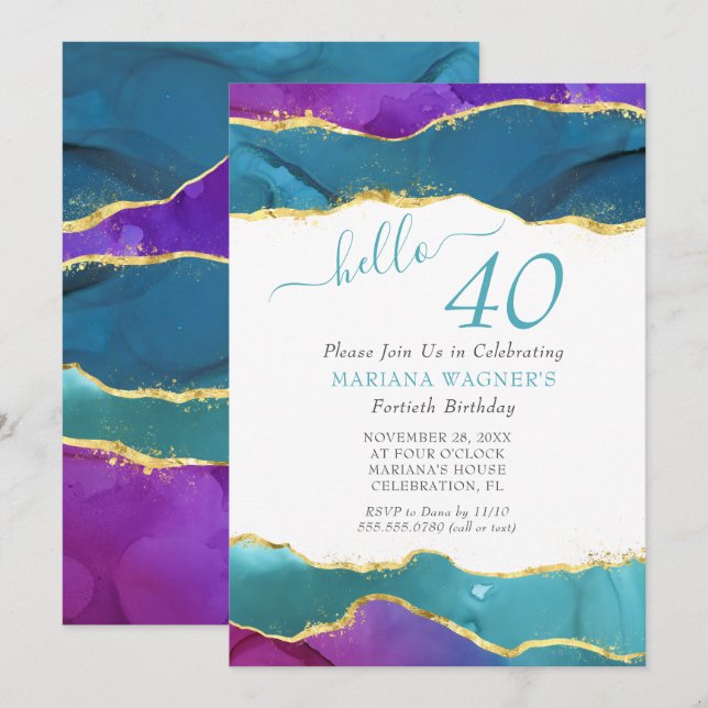 Abstract Ink Fuchsia Pink Teal Gold 40th Birthday Invitation (Front/Back)