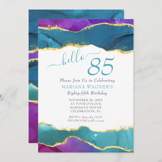 Abstract Ink Fuchsia Pink Teal Gold 85th Birthday Invitation (Front/Back)