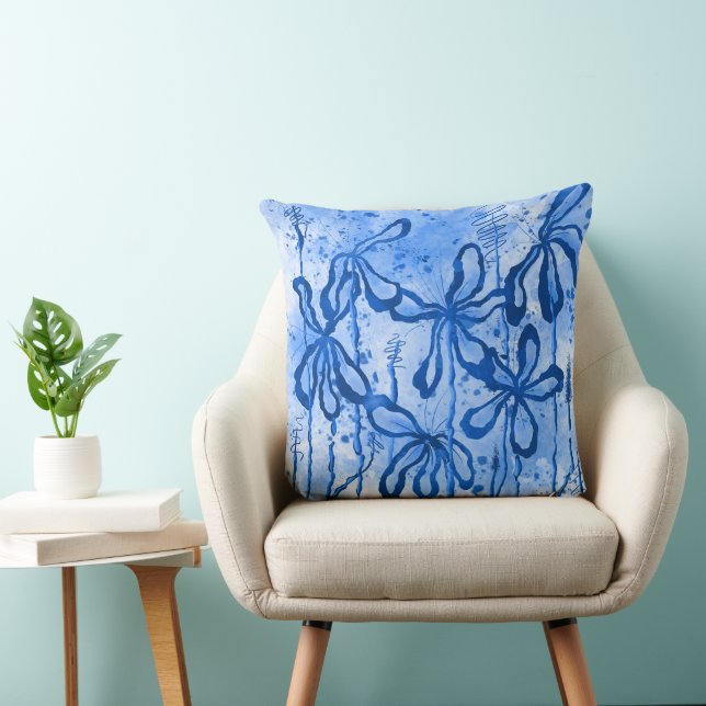 Abstract Inked Flowers Blue Lilies Cushion (Chair)