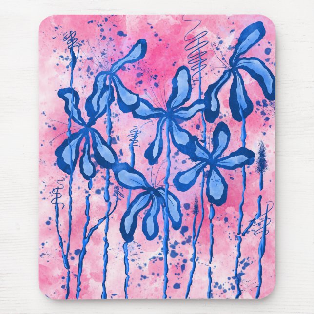 Abstract Inked Flowers  Blue Pink Mouse Pad (Front)