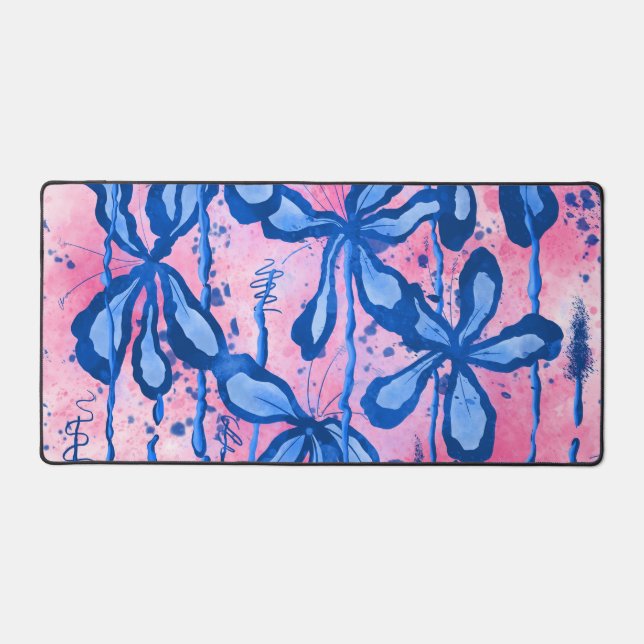 Abstract Inked Flowers Pink Blue Desk Mat (Front)