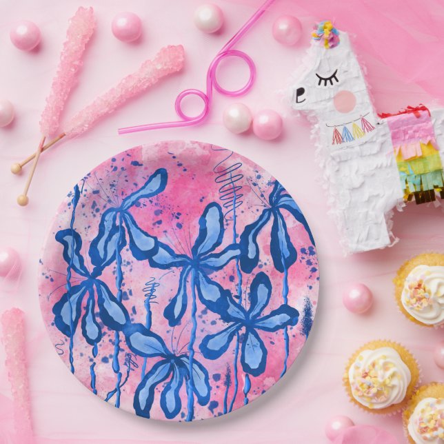 Abstract Inked Flowers Pink Blue  Paper Plate (Party)