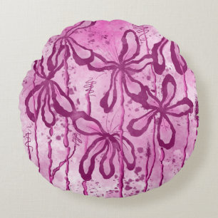 Abstract Inked Flowers Pink Lilies Round Cushion