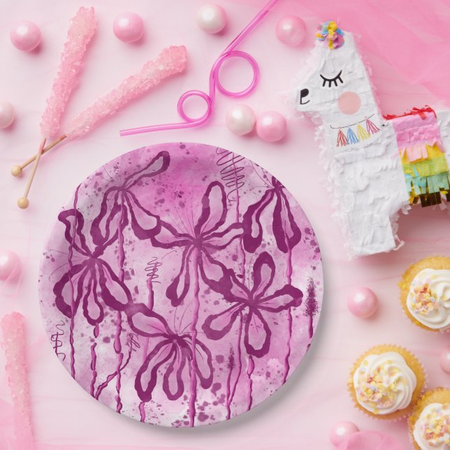 Abstract Inked Flowers Pink Sky  Paper Plate (Party)