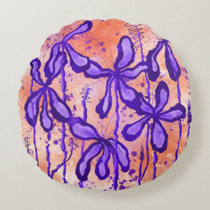 Abstract Inked Flowers Purple Orange Lilies Round Cushion
