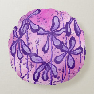 Abstract Inked Flowers Purple Pink Lilies Round Cushion