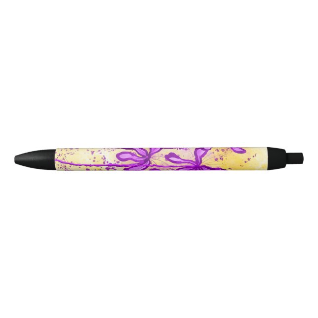 Abstract Inked Flowers yellow purple Lilies Black Ink Pen (Front)