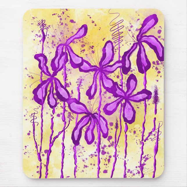 Abstract Inked Flowers Yellow Purple Mouse Pad (Front)