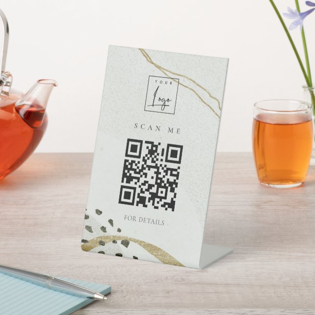 Abstract Ivory Gold Black Grey Stone QR Code Logo Pedestal Sign (In SItu)