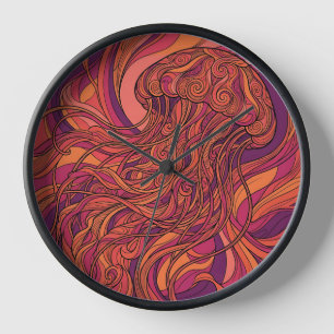 Abstract Jellyfish Sunset Orange Line Art Clocks