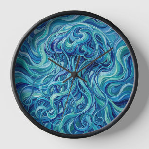 Abstract Jellyfish Tentacles Ocean Blue Art Clocks