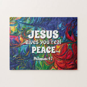 Abstract JESUS GIVES REAL PEACE Christian BLUE Jigsaw Puzzle