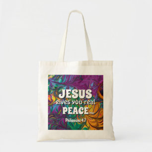 Abstract JESUS GIVES REAL PEACE Christian PURPLE Tote Bag