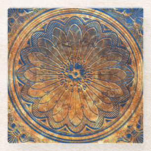 Abstract Kaleidoscope Arabesque Mandala Bronze Glass Coaster