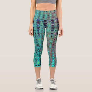 Abstract Kaleidoscopic Aqua Retro Boomerang Waves Capri Leggings