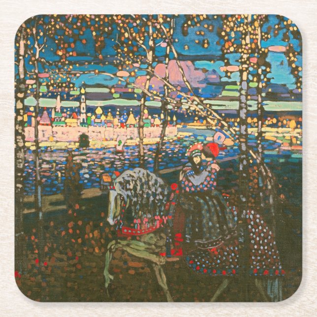 Abstract Kandinsky Riding Couple Colourful Square Paper Coaster (Front)