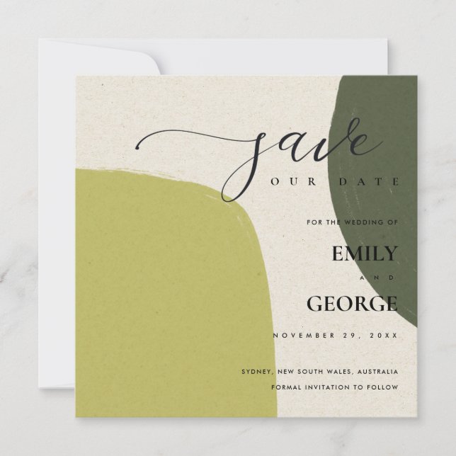 ABSTRACT KRAFT CHIC LIME GREEN SAVE THE DATE CARD (Front)