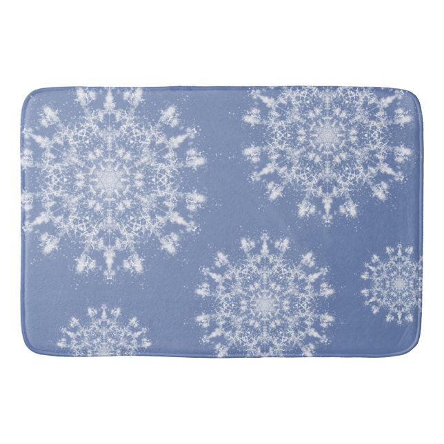 Abstract Lacy Fractal Snowflake on Blue Background Bath Mat (Front)